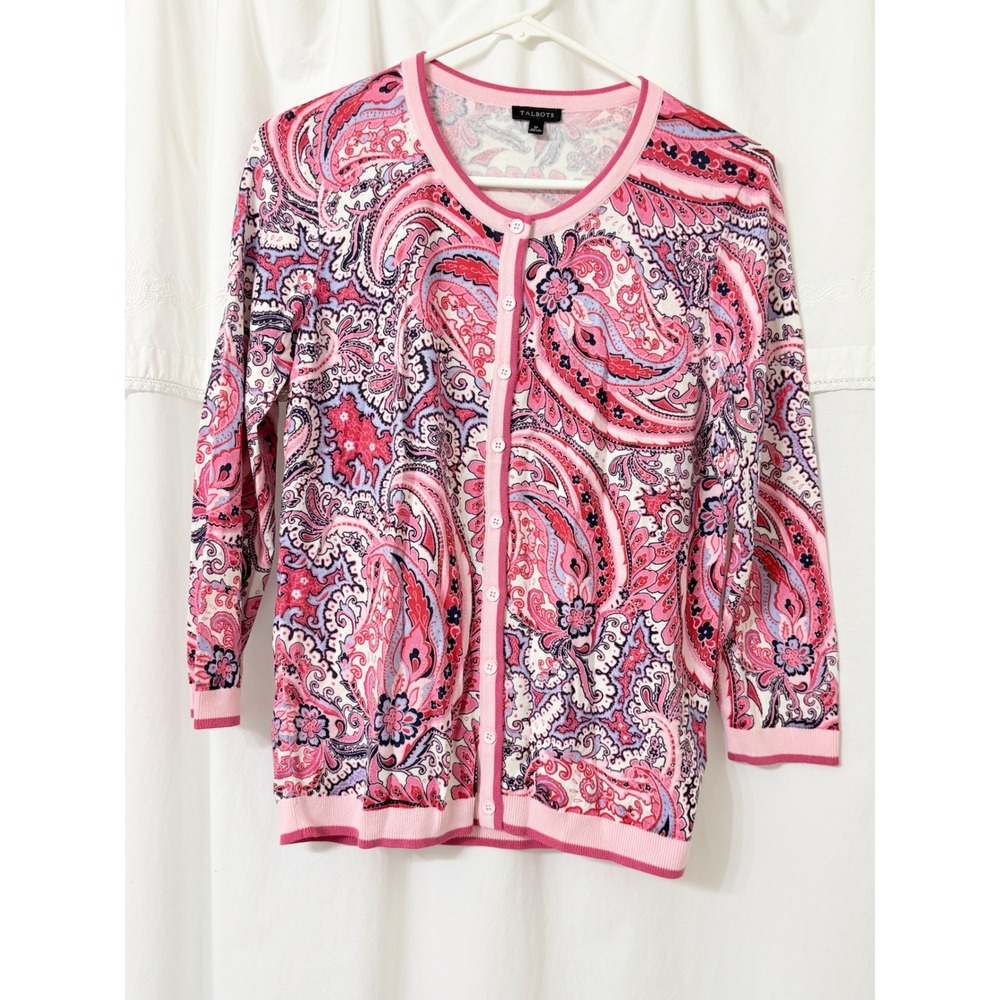 Talbots Womens Pink Purple Paisley Cotton Rayon Knit Button Front Cardigan M NEW